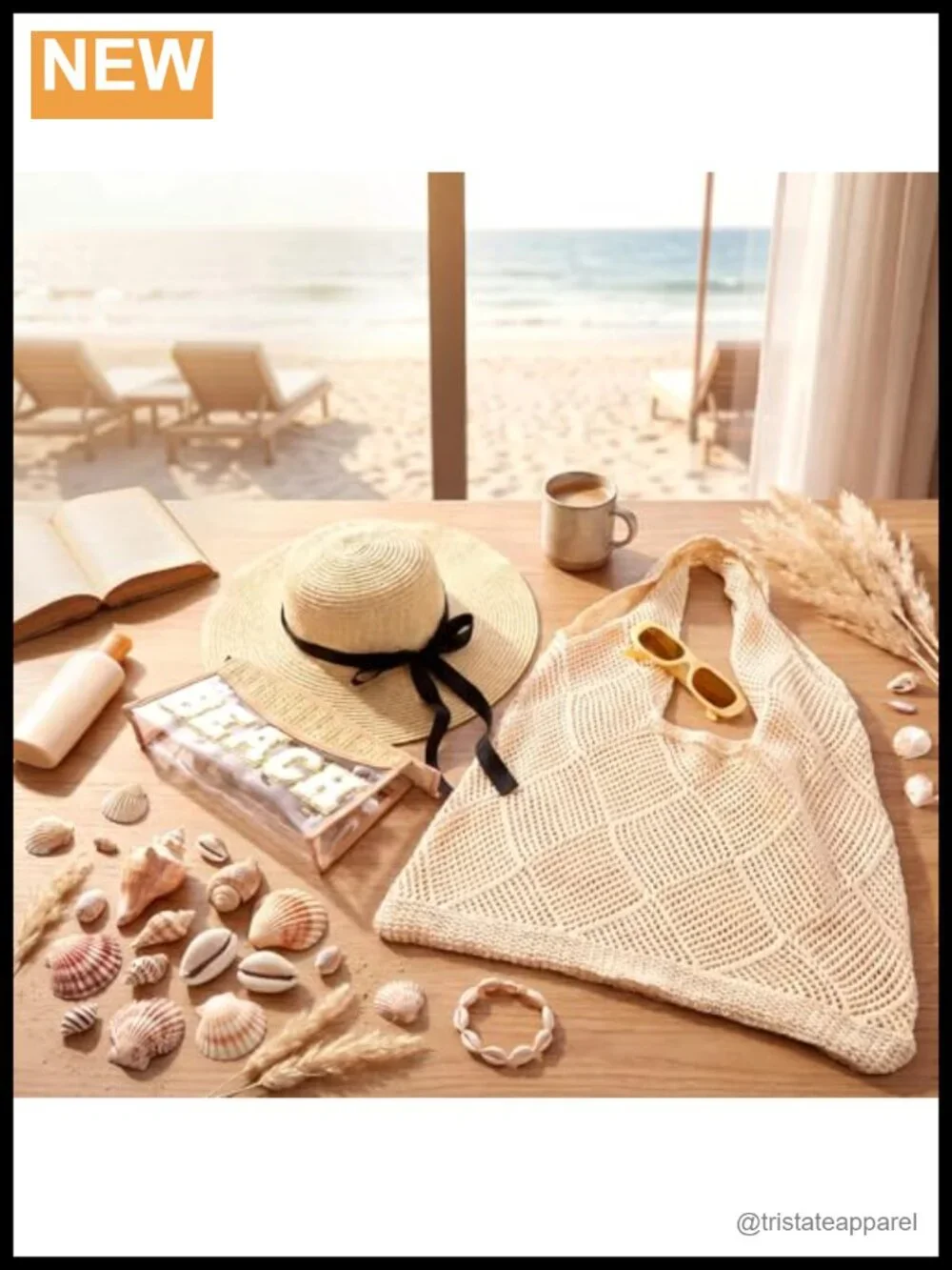 Women's 4-Piece Beach Travel Set - Crochet Mesh Tote, Cosmetic Bag, Straw Hat &
